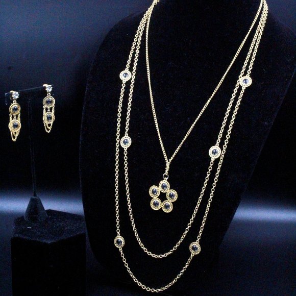 Celebrity NY Signed Designer Graduating Bezel Gold Tone Necklace Set - Picture 10 of 11